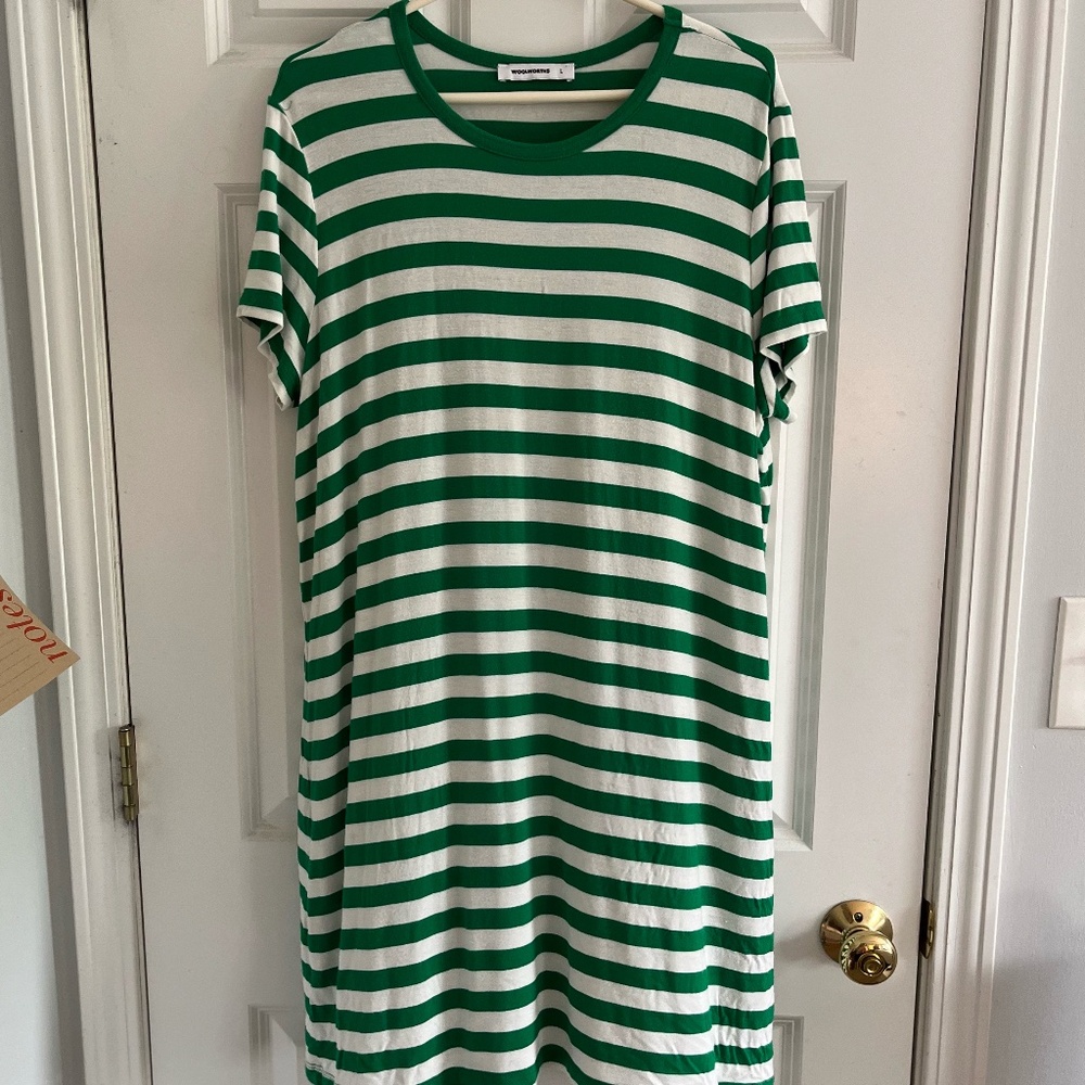 Woolworths Green & White Striped Short Sleeve Summer T-Shirt Dress, Large